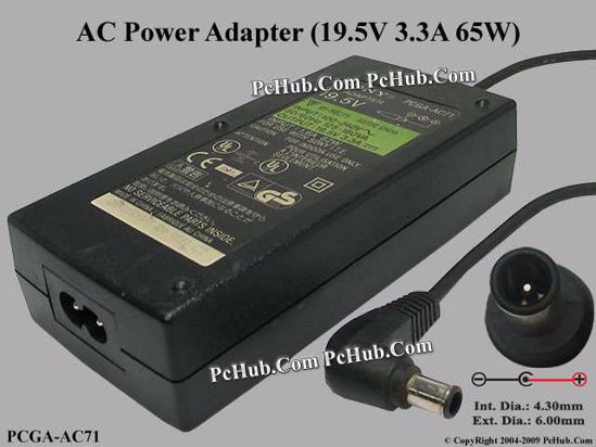 Sony Vaio Parts AC Adapter- Laptop 19.5V 3.3A, 6.0/4.3mm With Pin, 2-Prong