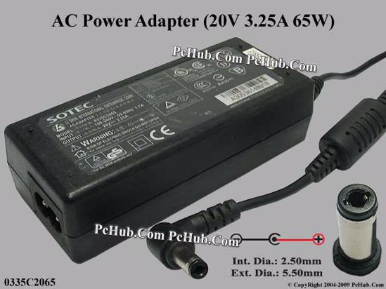 Sotec Common Item (Sotec) AC Adapter- Laptop 20V 3.25A, 5.5/2.5mm 12mm Length, 2-Prong