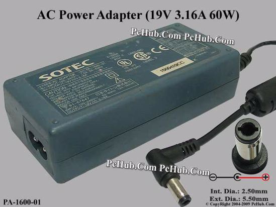 Sotec Common Item (Sotec) AC Adapter- Laptop 19V 3.16A, 5.5/2.5mm, 2-Prong