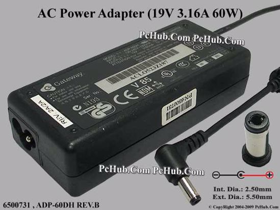 Gateway Common Item (Gateway) AC Adapter- Laptop 19V 3.16A, 5.5/2.5mm 12mm L, 3-Prong