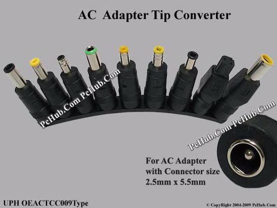 ACP Combination DC Tip Converter 5.5/2.1mm, 9-in-1 Multi Adaper Plugs, Straight, Fe