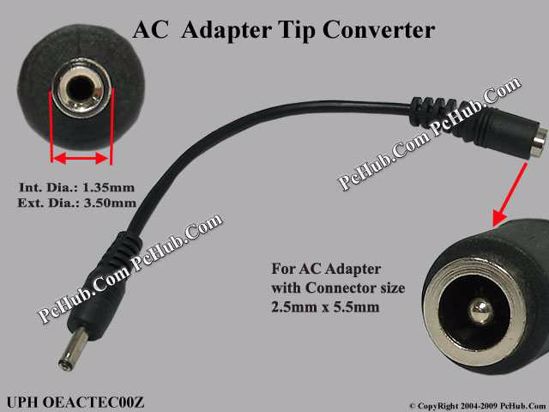 ACP Plug DC Tip Converter-Wire 5.5/2.5mm to 3.5/1.35mm Plug, 410mm. 45 Watts