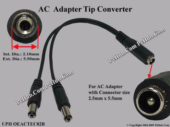 ACP Plug DC Tip Converter-Wire 5.5/2.5mm to 5.5/2.1mm Plug, 150mm. 90 Watts