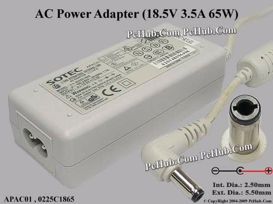 Sotec Common Item (Sotec) AC Adapter- Laptop 18.5V 3.5A, 5.5/2.5mm 12mm, 2-Prong, White