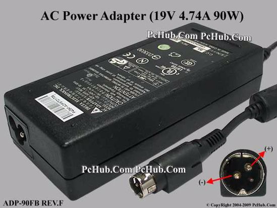 Delta Electronics ADP-90FB REV.F AC Adapter- Laptop 19V 4.74A, 3-Pin P1=V- P2=V