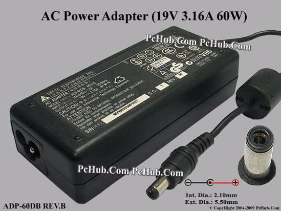 Delta Electronics ADP-60DB REV.B AC Adapter- Laptop 19V 3.16A, 5.5/2.1mm 3-Prong