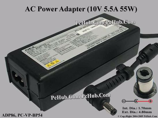 NEC Common Item (NEC) AC Adapter- Laptop ADP86, 10V 5.5A, Tip-A , 2-prong