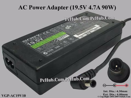 Sony Vaio Parts AC Adapter- Laptop 19.5V 4.7A, 6.0/4.3mm With Pin, 2-Prong