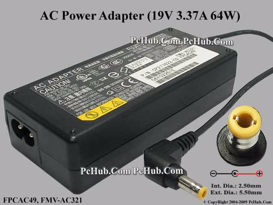 Fujitsu Common Item (Fujitsu / Fujitsu Siemens) AC Adapter- Laptop FPCAC49, 19V 3.37A, T