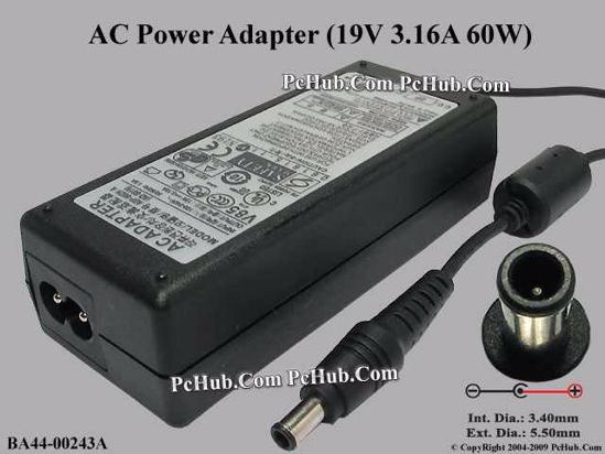 Samsung Laptop Common Item (Samsung Laptop) AC Adapter- Laptop 19V 3.16A, 5.5/3.4mm With