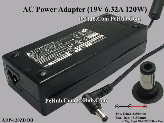 Delta Electronics ADP-120ZB BB AC Adapter- Laptop 19V 6.32A, 5.5/2.5mm, 3-Prong