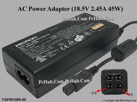 MicronPC (MPC) Common Item (MicronPC) AC Adapter- Laptop NBP001088-00, 18.5V 2.45A, 4-