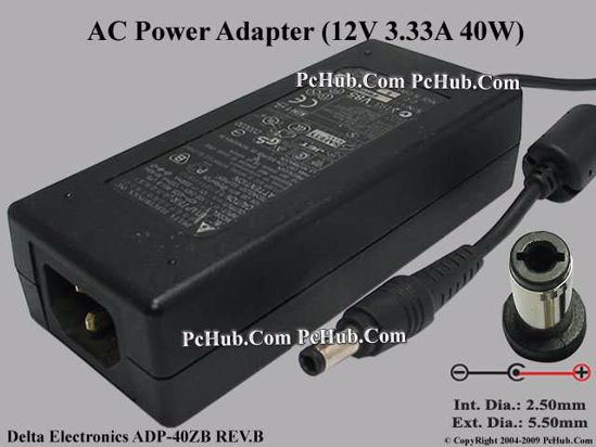 Delta Electronics ADP-40ZB REV.B AC Adapter- Laptop 12V 3.33A, 5.5/2.5mm 12mm, C14