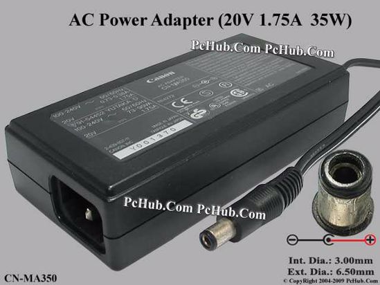 Canon CN-MA350 AC Adapter 20V Above 20V 1.75A, Tip-D, (IEC C14)