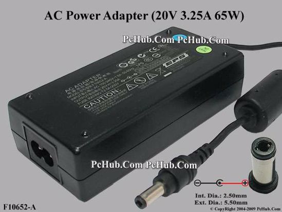 EPS F10652-A AC Adapter- Laptop 20V 3.25A, 5.5/2.5mm 12mm Length, 2-Prong