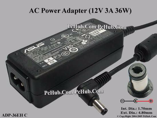 ASUS Common Item (Asus) AC Adapter- Laptop 12V 3A, 4.8/1.7mm, 2-Prong