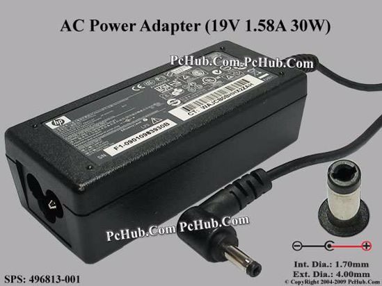 HP Common Item (HP) AC Adapter- Laptop 496813-001, 19V 1.58A, (1.7/4.0mm)