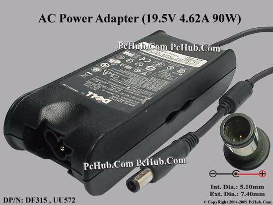 Dell Common Item (Dell) AC Adapter- Laptop 19.5V 4.62A, 7.4/5.0mm With Pin, 3-Prong