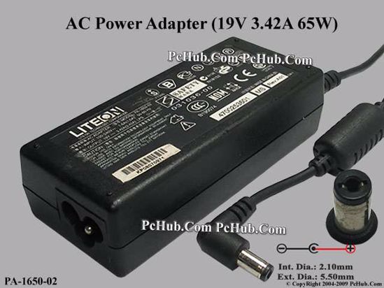 LITE-ON PA-1650-02 AC Adapter- Laptop 19V 3.42A, 5.5/2.1mm, 3-Prong