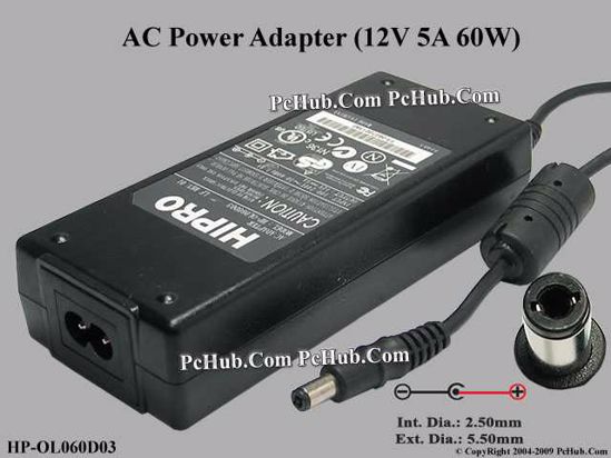 HIPRO HP-OL060D03 AC Adapter- Laptop 12V 5A, 5.5/2.5mm, 2-Prong