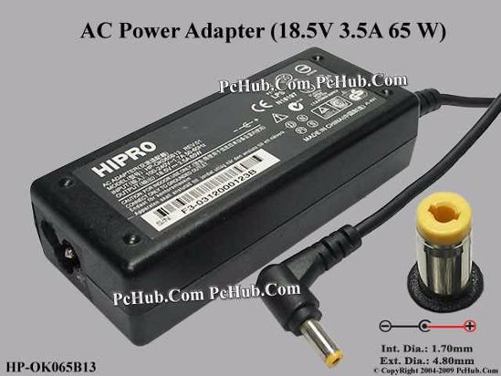 HIPRO HP-OK065B13 AC Adapter- Laptop 18.5V 3.5A, 4.8/1.7mm, 3-Prong