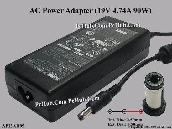 Acbel Polytech API3AD05 AC Adapter- Laptop 19V 4.74A, 5.5/2.5mm 12mm, 3-Prong