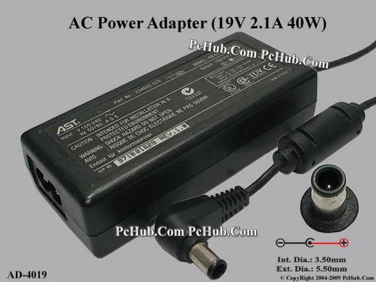 AST Common Item (AST) AC Adapter- Laptop 19V 2.1A, 5.5/3.0mm With Pin, 2-Prong