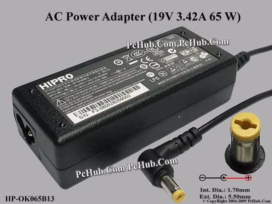 HIPRO HP-OK065B13 AC Adapter- Laptop 19V 3.42A, 5.5/1.7mm, 3-Prong