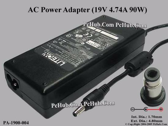 LITE-ON PA-1900-04 AC Adapter- Laptop 19V 4.74A, 4.8/1.7mm, 3-Prong