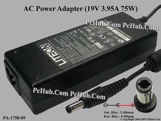 LITE-ON PA-1750-09 AC Adapter- Laptop 19V 3.95A, 5.5/2.5mm, 3-Prong