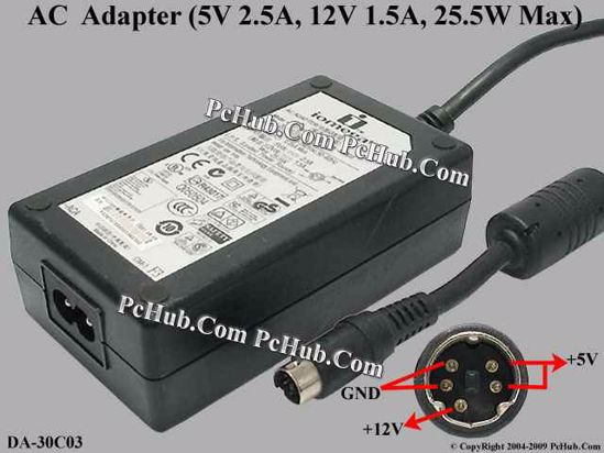 Iomega DA-30C03 AC Adapter- Laptop 12V 1.5A, 5V 2.5A, 5-P D, P1 2=5V P3=12V, 2-P, New