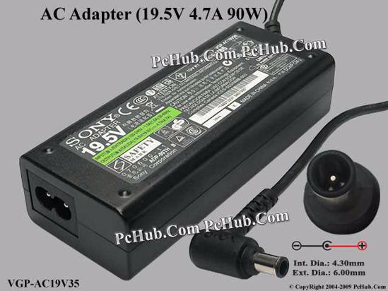 Sony Vaio Parts AC Adapter- Laptop 19.5V 4.7A, 6.0/4.3mm With Pin, 2-Prong