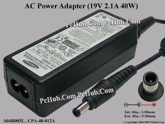 Samsung Laptop N220 AC Adapter- Laptop 19V 2.1A, 5.5/3.0mm With Pin, 2-Prong