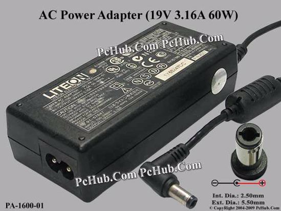 LITE-ON PA-1600-01 AC Adapter- Laptop 19V 3.16A, 5.5/2.5mm, 2-Prong