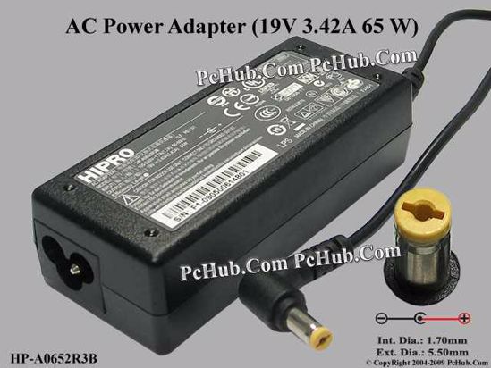 HIPRO HP-A0652R3B AC Adapter- Laptop 19V 3.42A 65W, Barrel 5.5/1.7mm, 3-Prong, New