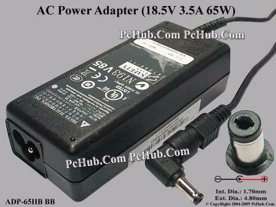 Delta Electronics ADP-65HB BB AC Adapter- Laptop 18.5V 3.5A, 4.8/1.7mm, 3-Prong