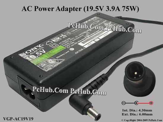 Sony Vaio Parts AC Adapter- Laptop VGP-AC19V19, 19.5V 3.9A, Tip-E, 2-prong