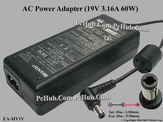 Sharp Common Item (Sharp) AC Adapter- Laptop 19V 3.16A, 5.5/2.5mm, 2-Prong