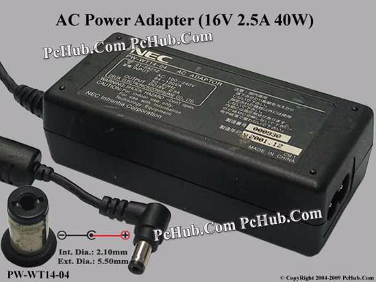 NEC Common Item (NEC) AC Adapter- Laptop PW-WT14-04, 16V 2.5A, Tip B, 2-prong