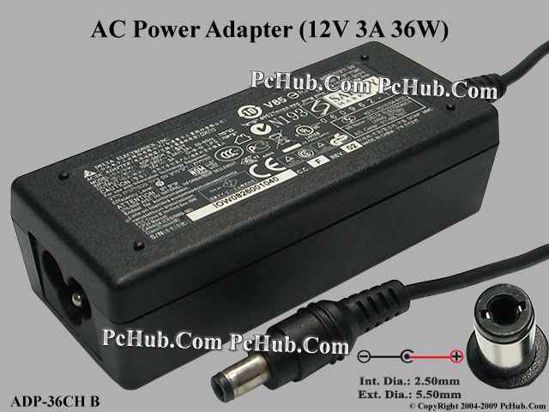 Delta Electronics ADP-36CH B AC Adapter- Laptop 12V 3A, 5.5/2.5mm, 3-Prong