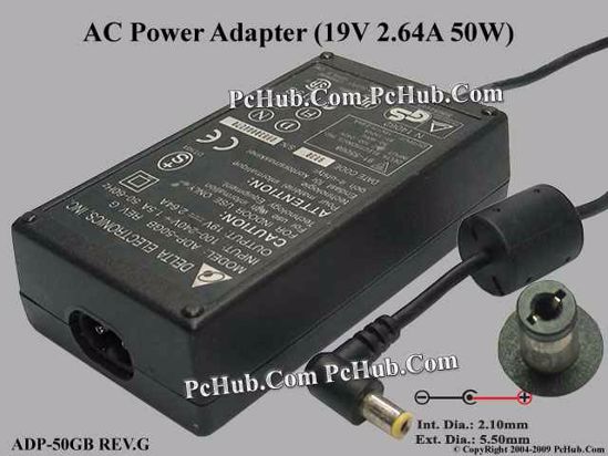 Delta Electronics ADP-50GB REV.G AC Adapter- Laptop 19V 2.64A, 5.5/2.1mm, 2-Prong