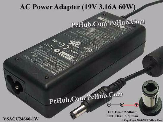 ViewSonic Common Item (ViewSonic) AC Adapter- Laptop 19V 3.16A, 5.5/2.5mm, 3-Prong