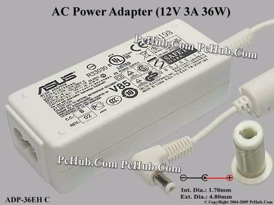 ASUS Common Item (Asus) AC Adapter- Laptop 12V 3A, 4.8/1.7mm, 2-Prong, White