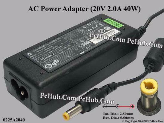 Li Shin 0225A2040 AC Adapter- Laptop 20V 2A, 5.5/2.5mm 12MM, 3-Prong