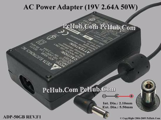 Delta Electronics ADP-50GB REV.F1 AC Adapter- Laptop 19V 2.64A, 5.5/2.1mm, 2-Prong