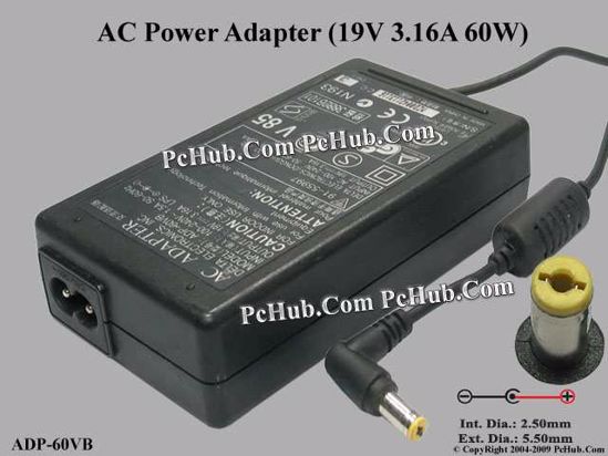 Delta Electronics ADP-60VB AC Adapter- Laptop 19V 3.16A, 5.5/1.7mm, 2-Prong