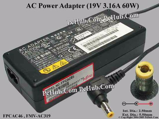 Fujitsu Common Item (Fujitsu / Fujitsu Siemens) AC Adapter- Laptop 19V 3.16A, 5.5/2.5mm