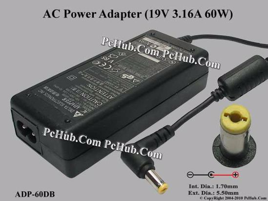 Delta Electronics ADP-60DB AC Adapter- Laptop 19V 3.16A, 5.5/1.7mm 2-Prong