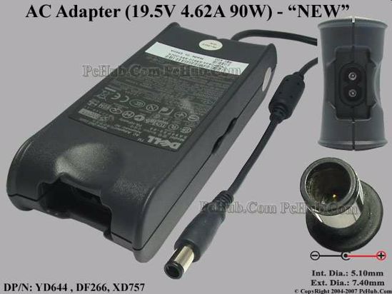 Dell Common Item (Dell) AC Adapter- Laptop 19.5V 4.62A, 7.4/5.0mm With Pin, 2-Prong