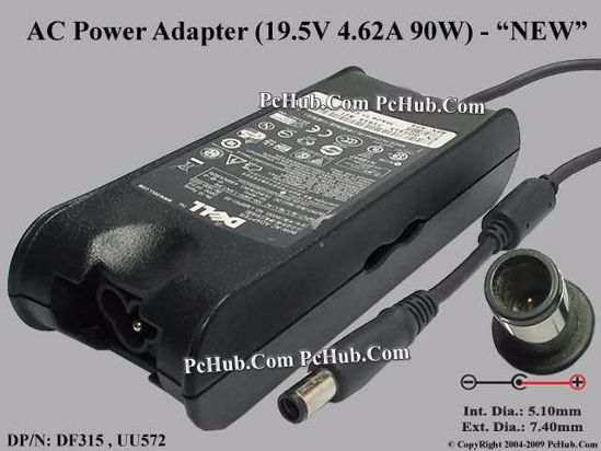 Dell Common Item (Dell) AC Adapter- Laptop 19.5V 4.62A, 7.4/5.0mm With Pin, 3-Prong, New